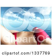 Poster, Art Print Of 3d Cropped Torso Of A Caucasian Woman In A Bikini Sun Bathing Over The Ocean And Clouds