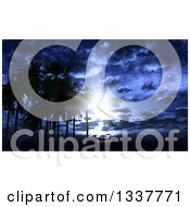 Clipart Of A 3d Tropical Island Beach With Silhouetted Palm Trees Against A Blue Moonlit Night Sky Royalty Free Illustration