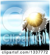 Poster, Art Print Of Background Of Silhouetted Palm Trees Against A Blue Sunset With Light Flares And Grass