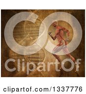 Clipart Of A 3d Medical Anatomical Man With Visible Muscles Running Over A Vintage DNA Background Royalty Free Illustration by KJ Pargeter