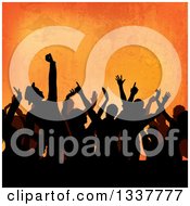 Poster, Art Print Of Silhouetted Crowd Of People Dancing At A Party Over Orange Grunge