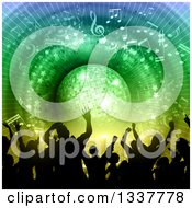 Poster, Art Print Of Silhouetted Party Crowd Dancing Under A Blue And Green Disco Ball With Music Notes