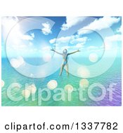 Poster, Art Print Of 3d Carefree Happy Caucasian Woman In A Bikini Wading In Water Off Of A Tropical Beach And Standing With Arms Open With Flares