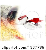 Poster, Art Print Of 3d White Man Super Hero Flying Into A Fire Over White