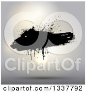 Clipart Of A Floating Black Grunge Splatter Over A Shining Light On Blur Royalty Free Vector Illustration