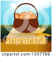 Poster, Art Print Of 3d Basket Of Brown Eggs And Strands Of Wheat On A Table Over A Valley And Blue Sky