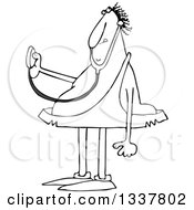 Lineart Clipart Of A Cartoon Black And White Chubby Caveman Doctor Holding Out A Stethoscope Royalty Free Outline Vector Illustration by djart