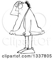 Lineart Clipart Of A Cartoon Black And White Chubby Caveman Scratching His Head And Thinking Royalty Free Outline Vector Illustration by djart