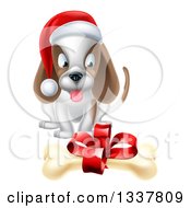 Poster, Art Print Of Christmas Puppy Dog Sitting And Looking At A Gift Bone