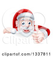 Clipart Of A Cartoon Christmas Santa Claus Giving A Thumb Up Over A Sign Royalty Free Vector Illustration
