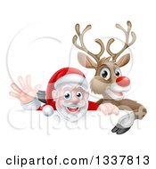 Poster, Art Print Of Cartoon Christmas Red Nosed Reindeer And Waving Santa Over A Sign
