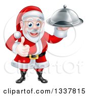 Poster, Art Print Of Happy Christmas Santa Claus Chef Holding A Silver Cloche Platter And Thumb Up