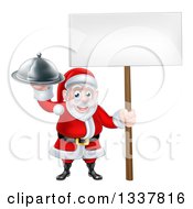 Poster, Art Print Of Happy Santa Claus Holding A Silver Cloche Platter And Blank Sign
