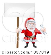 Poster, Art Print Of Happy Christmas Santa Holding A Spanner Wrench And Blank Sign 3