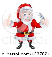 Clipart Of A Happy Christmas Santa Claus Giving A Thumb Up And Holding An Adjustable Wrench Royalty Free Vector Illustration by AtStockIllustration