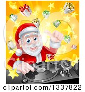 Poster, Art Print Of Happy Santa Claus Dj Mixing Christmas Music On A Turntable Over A Starburst And Gifts
