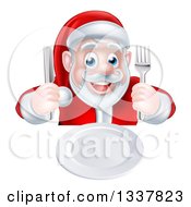 Happy Hungry Christmas Santa Claus Sitting With A Clean Plate And Holding Silverware