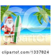 Poster, Art Print Of Christmas Santa Claus Giving A Thumb Up And Standing Between Palm Trees With A Surf Board On A Tropical Beach