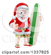Poster, Art Print Of Christmas Santa Claus Giving A Thumb Up And Standing With A Green And White Surf Board