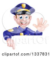 Poster, Art Print Of Cartoon Happy Caucasian Male Police Officer Waving And Pointing Down Over A Sign