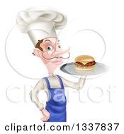 Poster, Art Print Of Snooty White Male Chef With A Curling Mustache Holding A Gourmet Cheeseburger On A Tray