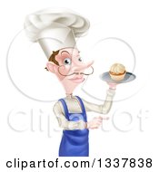 Poster, Art Print Of Snooty White Male Chef With A Curling Mustache Holding A Cupcake On A Tray And Pointing To The Right