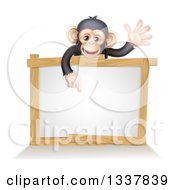 Poster, Art Print Of Cartoon Black And Tan Happy Baby Chimpanzee Monkey Waving And Pointing Down Over A Blank White Sign Framed In Wood