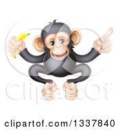 Poster, Art Print Of Cartoon Black And Tan Happy Baby Chimpanzee Monkey Holding A Banana And Pointing