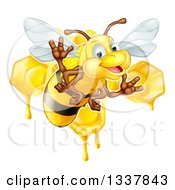Poster, Art Print Of Cartoon Happy Bee Flying Against Dripping Honeycombs