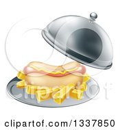 Poster, Art Print Of 3d Hot Dog With A Side Of French Fries Being Served In A Cloche Platter
