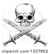 Clipart Of A Black And White Engraved Pirate Skull Over Cross Swords Royalty Free Vector Illustration by AtStockIllustration