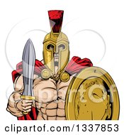 Clipart Of A Shirtless Muscular Gladiator Man In A Helmet Holding A Sword And Shield From The Waist Up Royalty Free Vector Illustration by AtStockIllustration