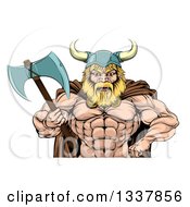 Clipart Of A Cartoon Tough Muscular Blond Male Viking Warrior Holding An Axe From The Waist Up Royalty Free Vector Illustration by AtStockIllustration