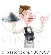 Cartoon Caucasian Male Waiter With A Curling Mustache Holding A Cloche Platter And Gesturing Ok