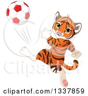 Poster, Art Print Of Cute Athletic Tiger Cub Kicking A Soccer Ball