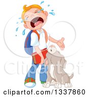 Poster, Art Print Of Cartoon Puppy Dog And Caucasian School Boy Crying When He Has To Go Back To School