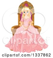 Poster, Art Print Of Beautiful Blond Haired Blue Eyed Caucasian Princess In A Pink Dress Sitting On A Throne