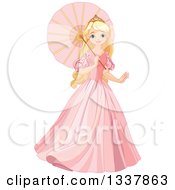 Poster, Art Print Of Beautiful Blond Haired Blue Eyed Caucasian Princess In A Pink Dress Walking With A Parasol
