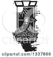 Poster, Art Print Of Black And White Woodcut Girl Bending Out Of A Window Her Hair Flying In The Wind Over A Planter Of Flowers