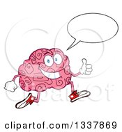 Poster, Art Print Of Cartoon Happy Brain Character Talking Running And Giving A Thumb Up