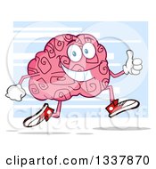 Poster, Art Print Of Cartoon Happy Brain Character Running And Giving A Thumb Up Over Blue