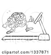 Poster, Art Print Of Cartoon Black And White Happy Brain Character Running On A Treadmill And Giving A Thumb Up