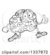 Poster, Art Print Of Cartoon Black And White Happy Brain Character Running And Giving A Thumb Up