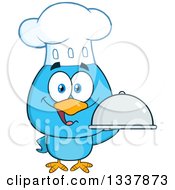 Cartoon Happy Chef Blue Bird Holding A Cloche Platter