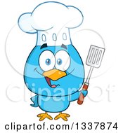 Poster, Art Print Of Cartoon Happy Chef Blue Bird Holding A Slotted Spatula