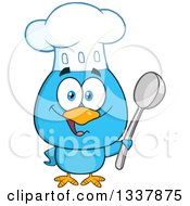 Poster, Art Print Of Cartoon Happy Chef Blue Bird Holding A Spoon