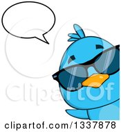 Poster, Art Print Of Cartoon Happy Blue Bird Wearing Sunglasses And Peeking Around A Corner And Talking