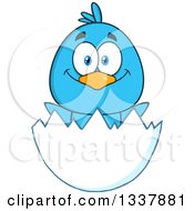 Clipart Of A Cartoon Happy Blue Bird In An Egg Shell Royalty Free Vector Illustration