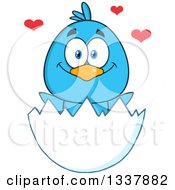Poster, Art Print Of Cartoon Happy Blue Bird In An Egg Shell With Hearts