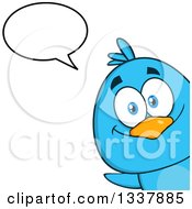 Poster, Art Print Of Cartoon Happy Blue Bird Peeking Around A Corner And Talking